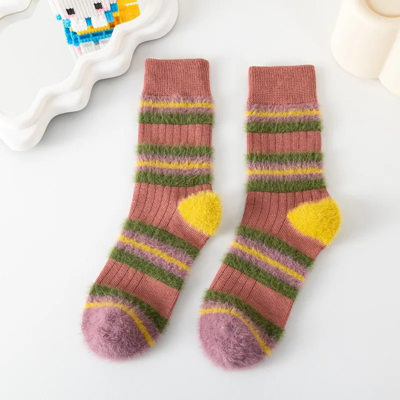 4 pairs of women's autumn and winter warm thick striped medium tube fluffy colored striped socks