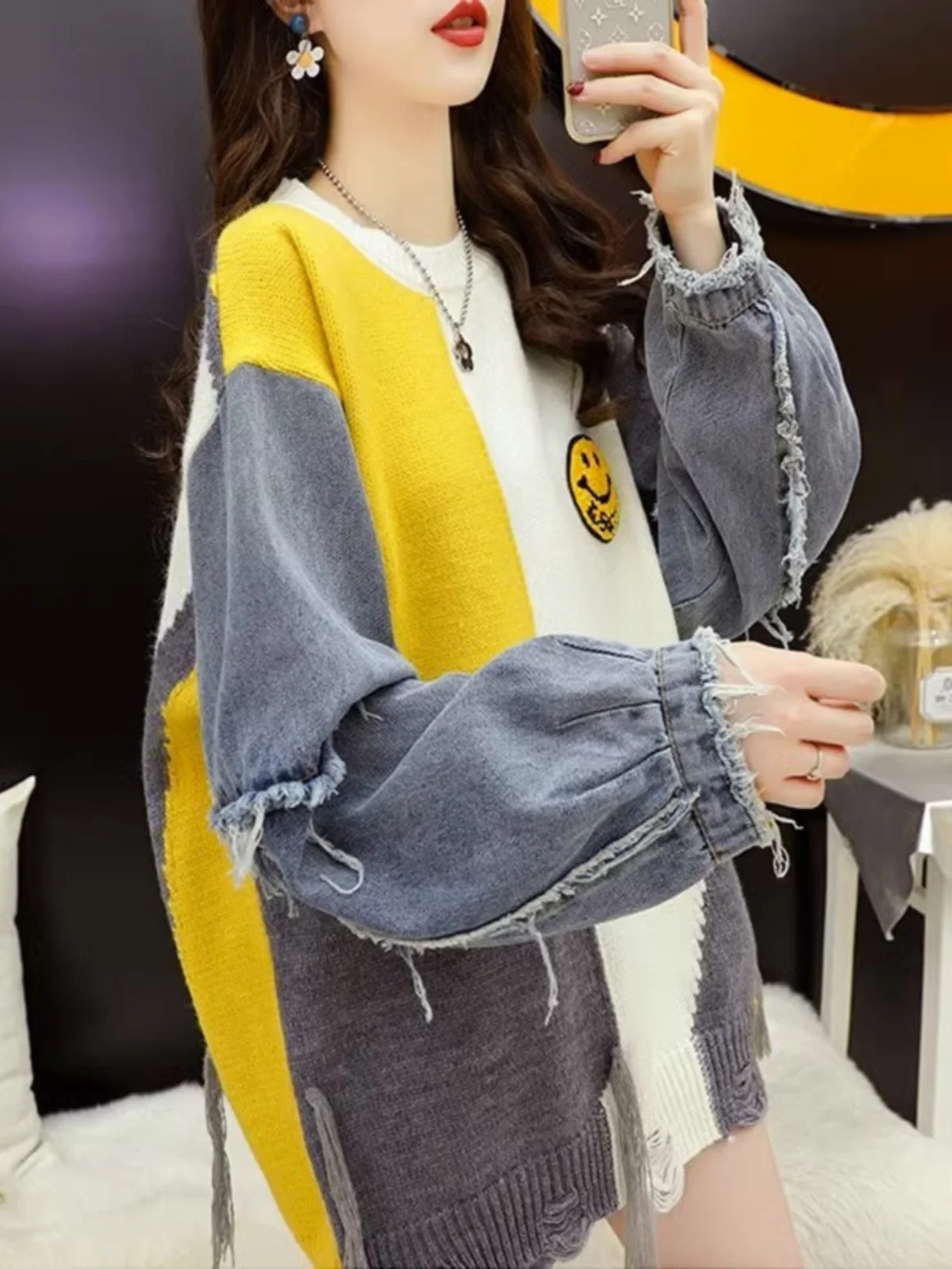

Loose Women's Knitted Sweater Denim Patchwork Base Layer Top Korean Style Lazy INS Outerwear round Neck Commute Style Autumn ...