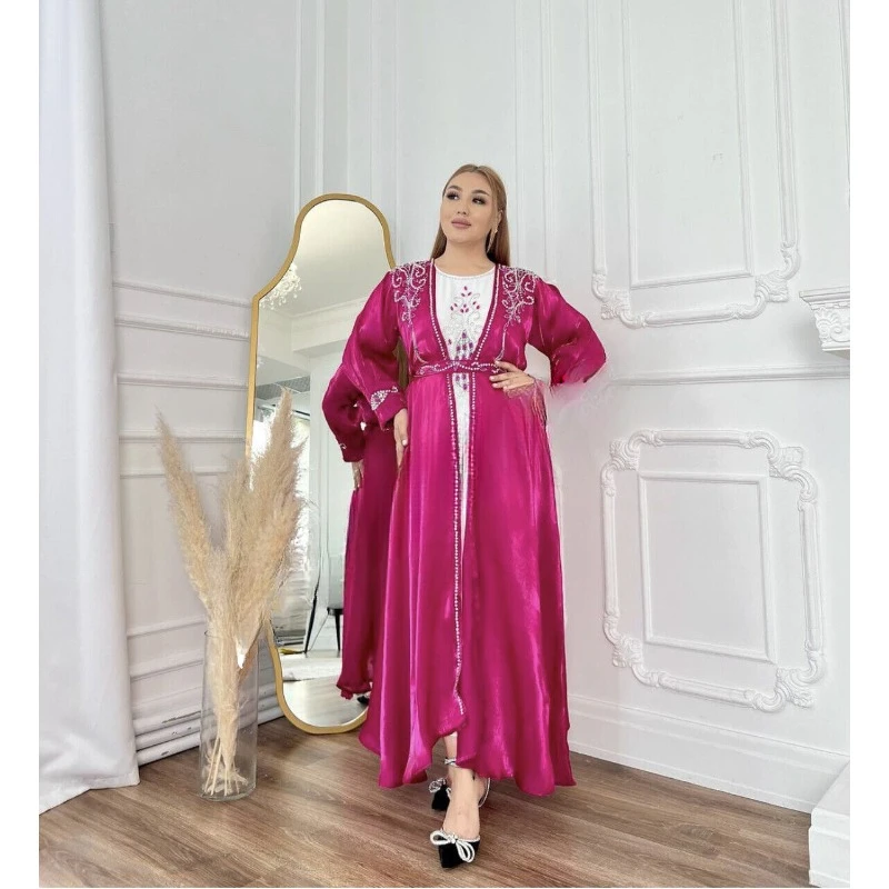 Luxury Pink Velvet Bedded Crystal Work Moroccan Kaftan Wedding Dress