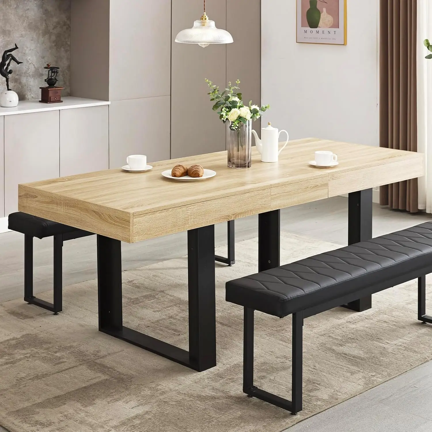 Dining Room Table for 6 8 10, Modern Farmhouse Wooden Kitchen Expanding Table, Long Large Expandable Dining Room Conference Tabl