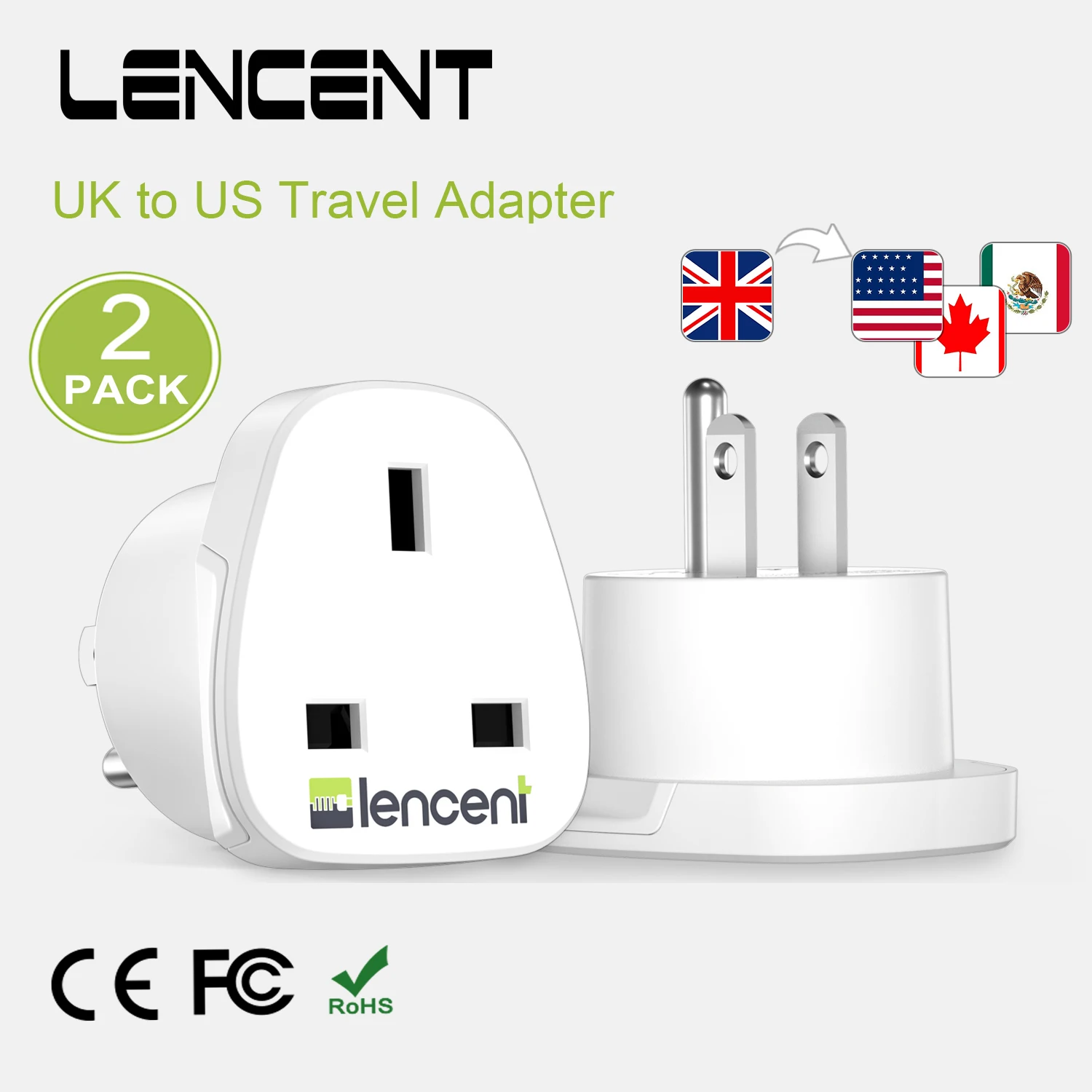 LENCENT 2 PCS UK to US Travel Adapter  Overload Protection Wall Charger Grounded American Travel Adapter for United States