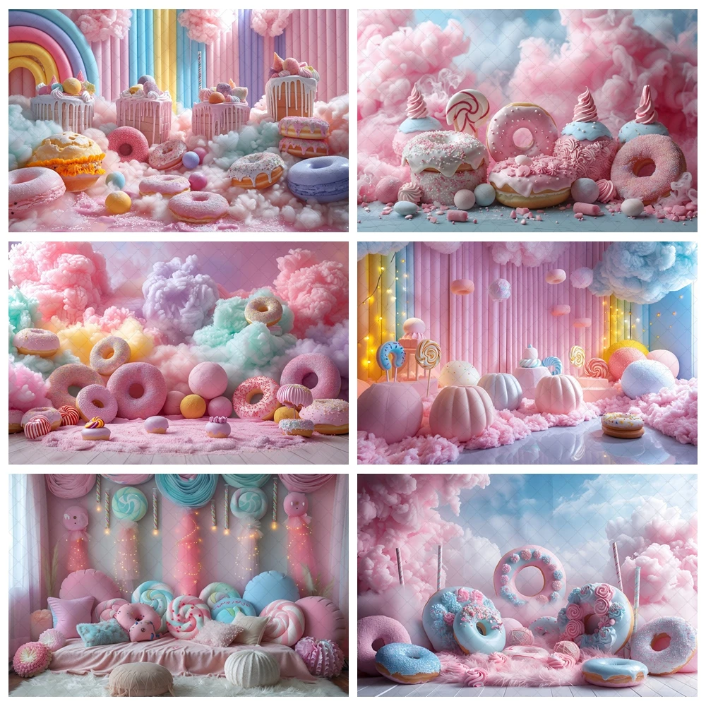 

Candy Theme Background Decoration Ice Cream Cake Lollipop Sweet Baby Birthday Party Interior Decoration Photography Background