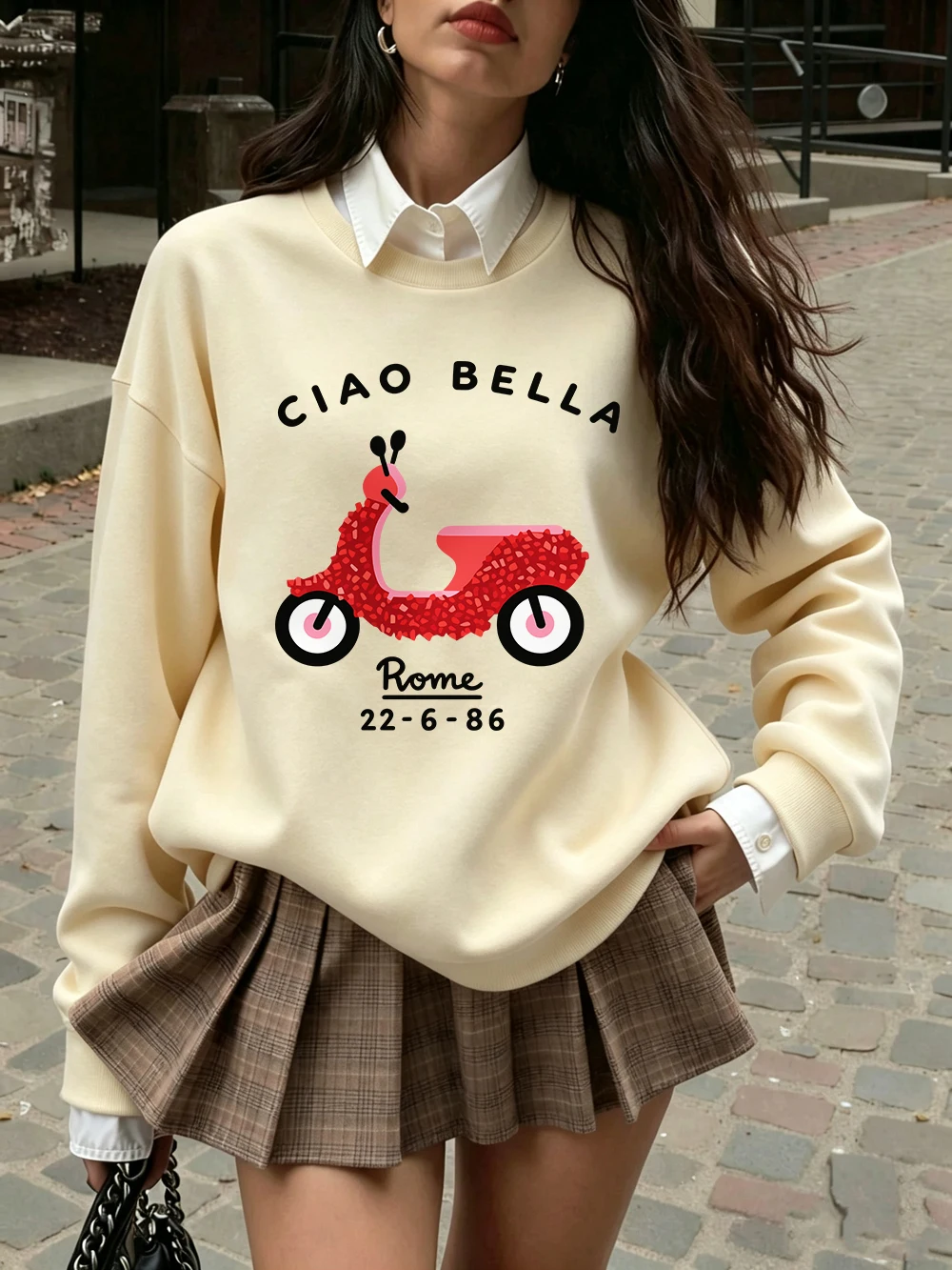 Ciao Bella Rome Bedruckte Sweatshirts für Damen, Winter-Fleece, warme Kapuzenpullover, Rundhalsausschnitt, lockere Pullover, Basics, sportliche Damenbekleidung – Detail 12