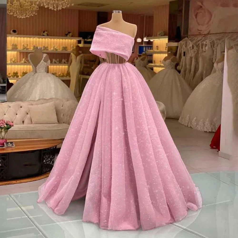 

Vintage Exquisite Long Evening Dresses For Women Sexy One Shoulder Sleeve Fluffy Princess Style Mopping Party Female Prom Gowns