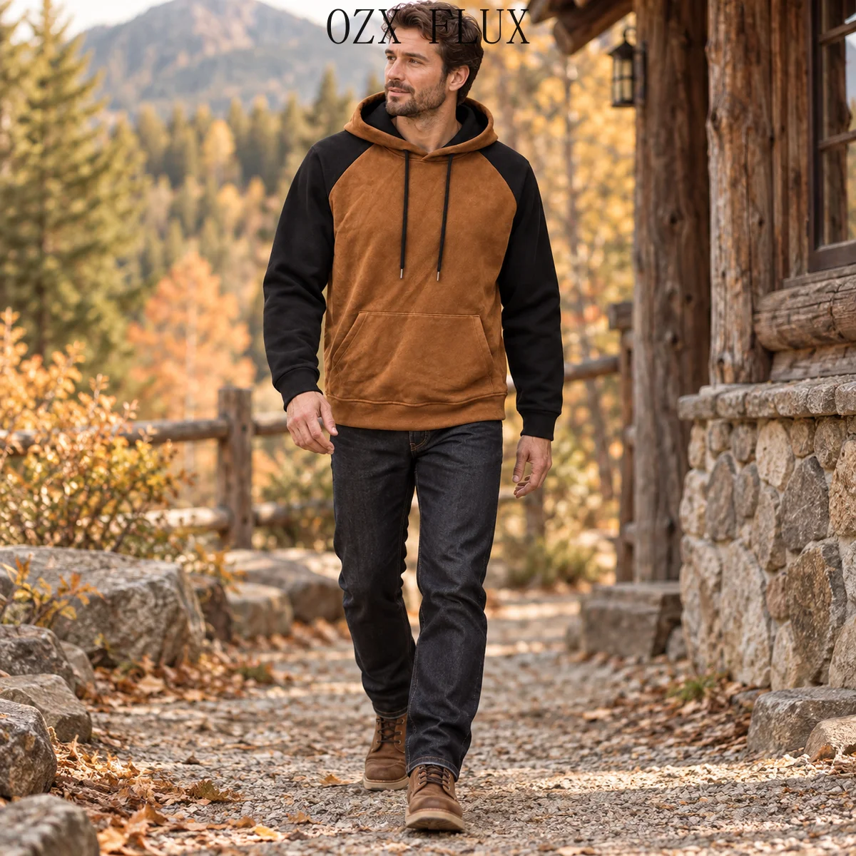 Men's Hooded Sweatshirt Retro Western Style Outdoor Casual Contrast Stitching Raglan Sleeve Long Sleeve Sweatshirt