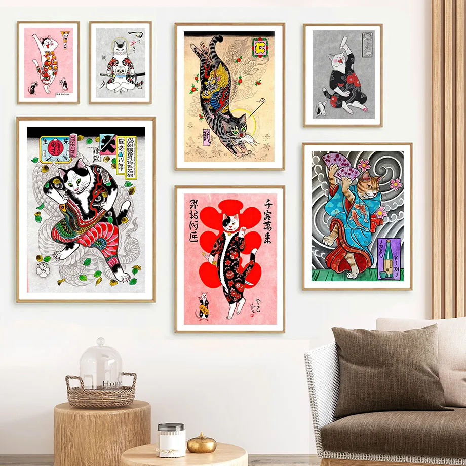 Japanese Samurai Cat Wall Art Ukiyo-e Tattoo Cat Canvas Print Traditional Japanese Yakuza Cat Posters Modern Asian Art Bar Decor