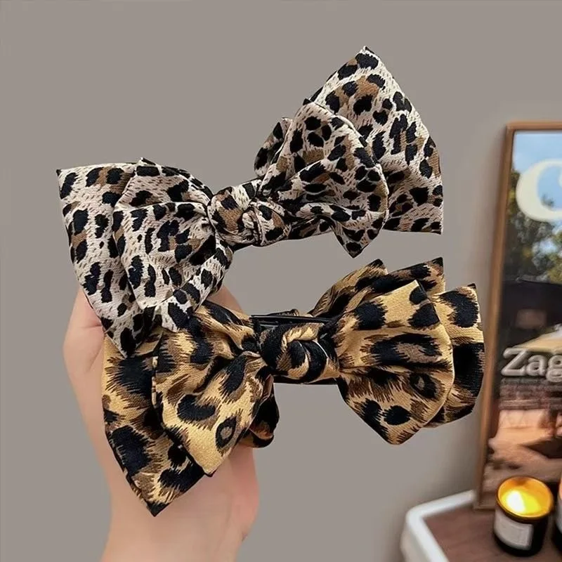 Vinatge Leopard Print Bow Hair Crab Hairgrip Trendy Ponytail Hair Claw Large Barrettes For Women Hair Accessories Korea Headwear