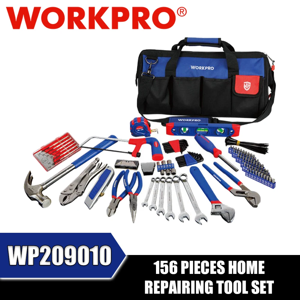 

WORKPRO WP209010 156 Pieces Home Repairing Tool Set Spirit Level Spanner Drill Bit Tape Measure Saw Pliers Screwdriver Hammer