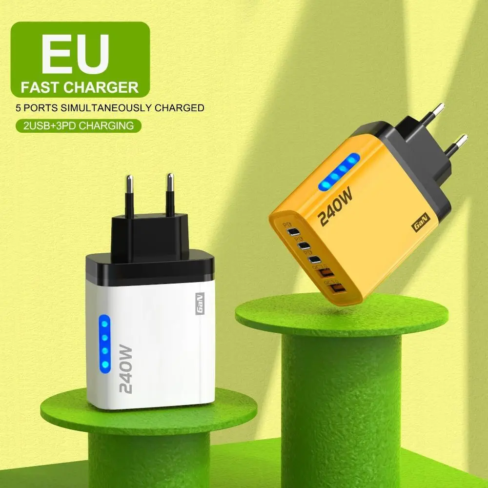 

USB A+C 240W Charger Plug With Light EU/US Phone Charger Adapter Fast Charging 5 Ports USB C Charger for iPhone/Xiaomi/Samsung