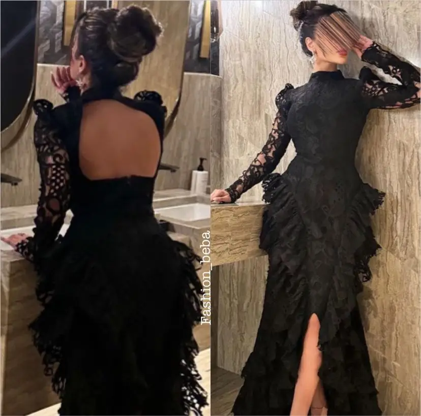 New Black Lace Evening Dresses Ruffles Design Elegant Prom Dresses Long Sleeves Saudi Arabia Women\'s Formal Wedding Party Dress