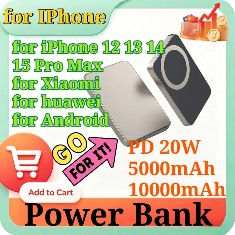 5000mAh/10000mAh PD 20W Fast Charging Magnetic Wireless Power Bank Ultra Slim Portable Charger for IPhone 12 13 14 15 Pro Max
