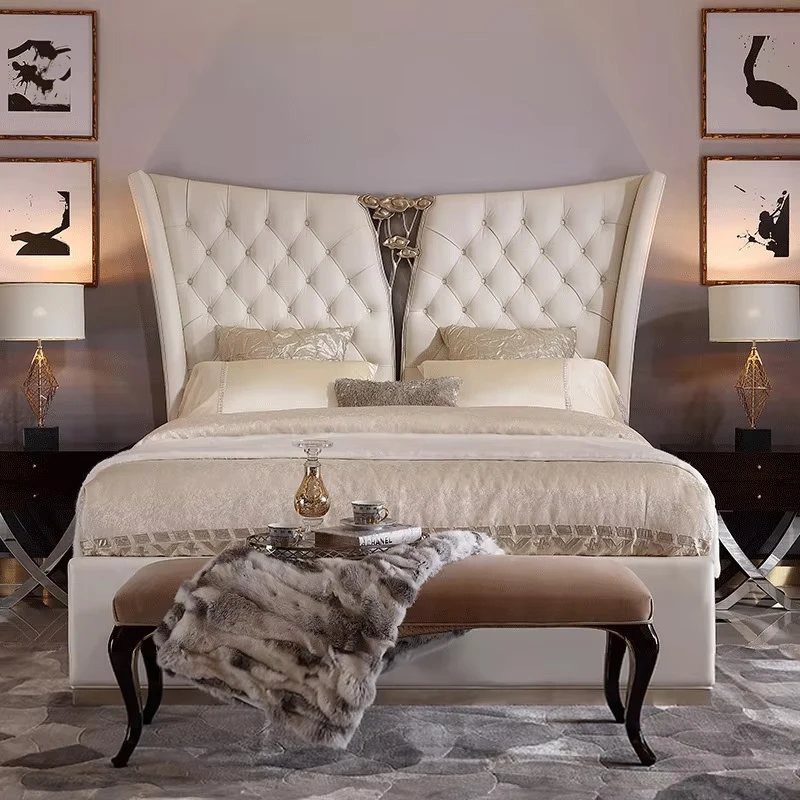 !@New Arrival Bedroom Furniture Sets king Size Wooden Bed Classical Luxury Leather Up-holstered Beds
