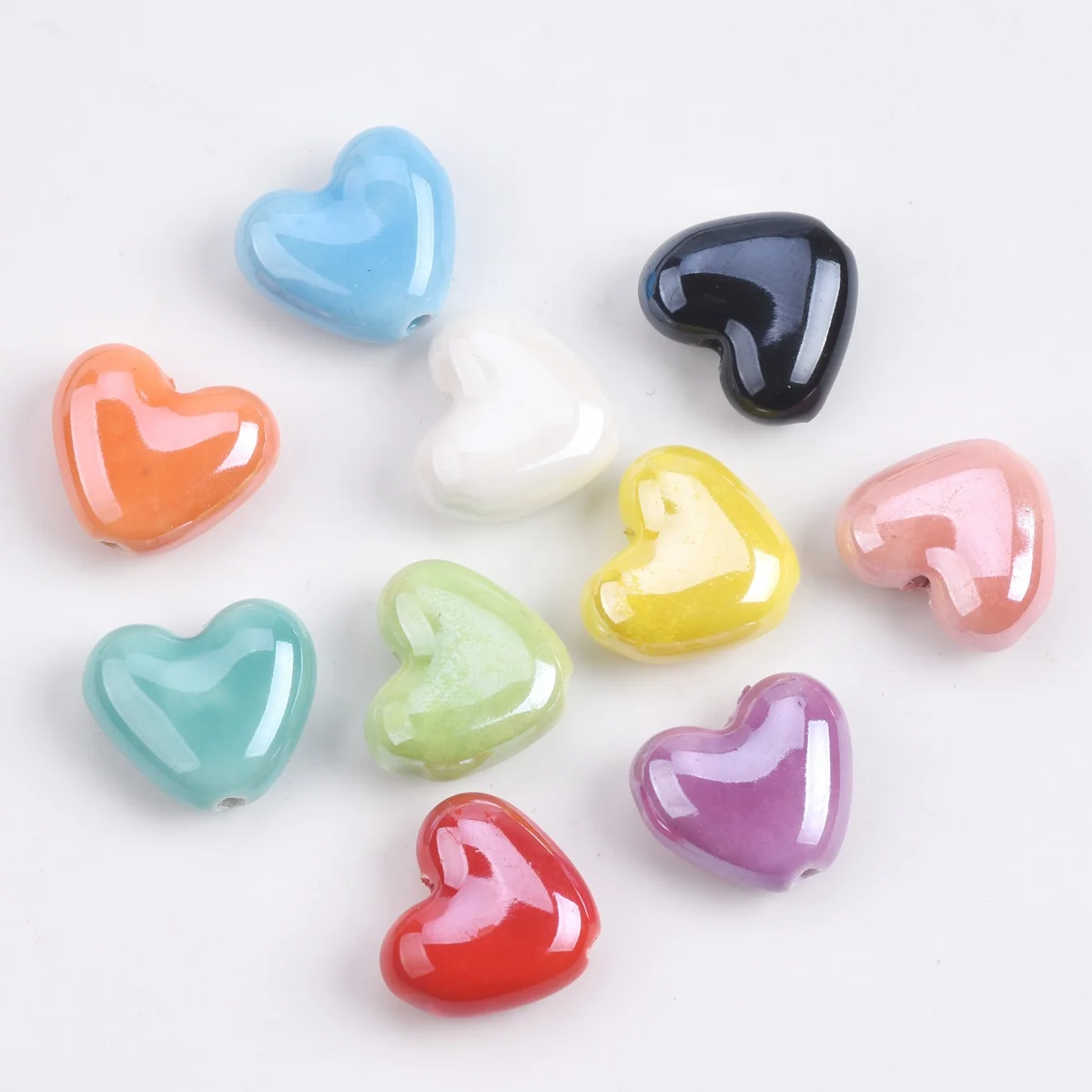 10pcs 15x13mm Heart Shape Handmade Shiny Glossy Glazed Ceramic Porcelain Loose Beads For Jewelry Making DIY Crafts Findings