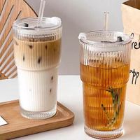 600ml Vertical Striped Glass Coffee Mug with Lid and Straw, Transparent Tea Mug for Americano, Cappuccino, Tea and Drinks