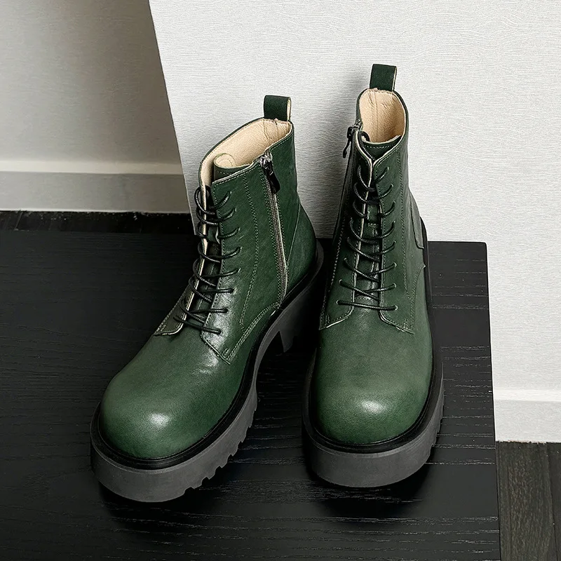 Genuine Leather Mens Ankle Boots Platform Luxury Handmade Quality British Style Retro Green Winter Wedding Social Warm Shoes Man