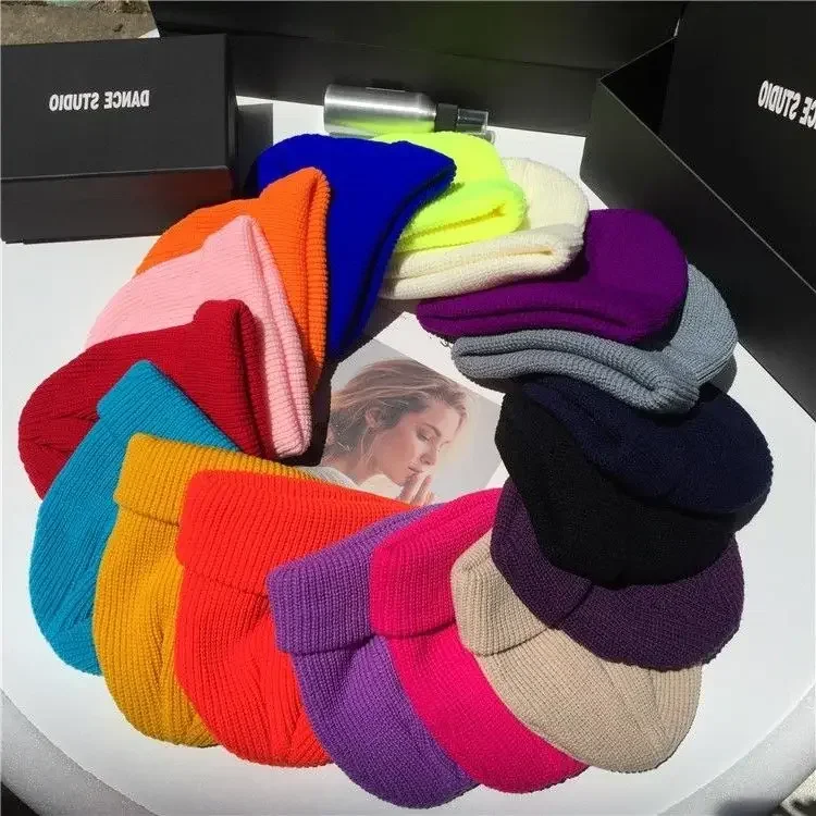 Men Women Winter Autumn Solid Color Warm Woolen Knitted Cap Fluorescent Cuffed Beanie Hat Female Caps Warmer Bonnet Casual Cap