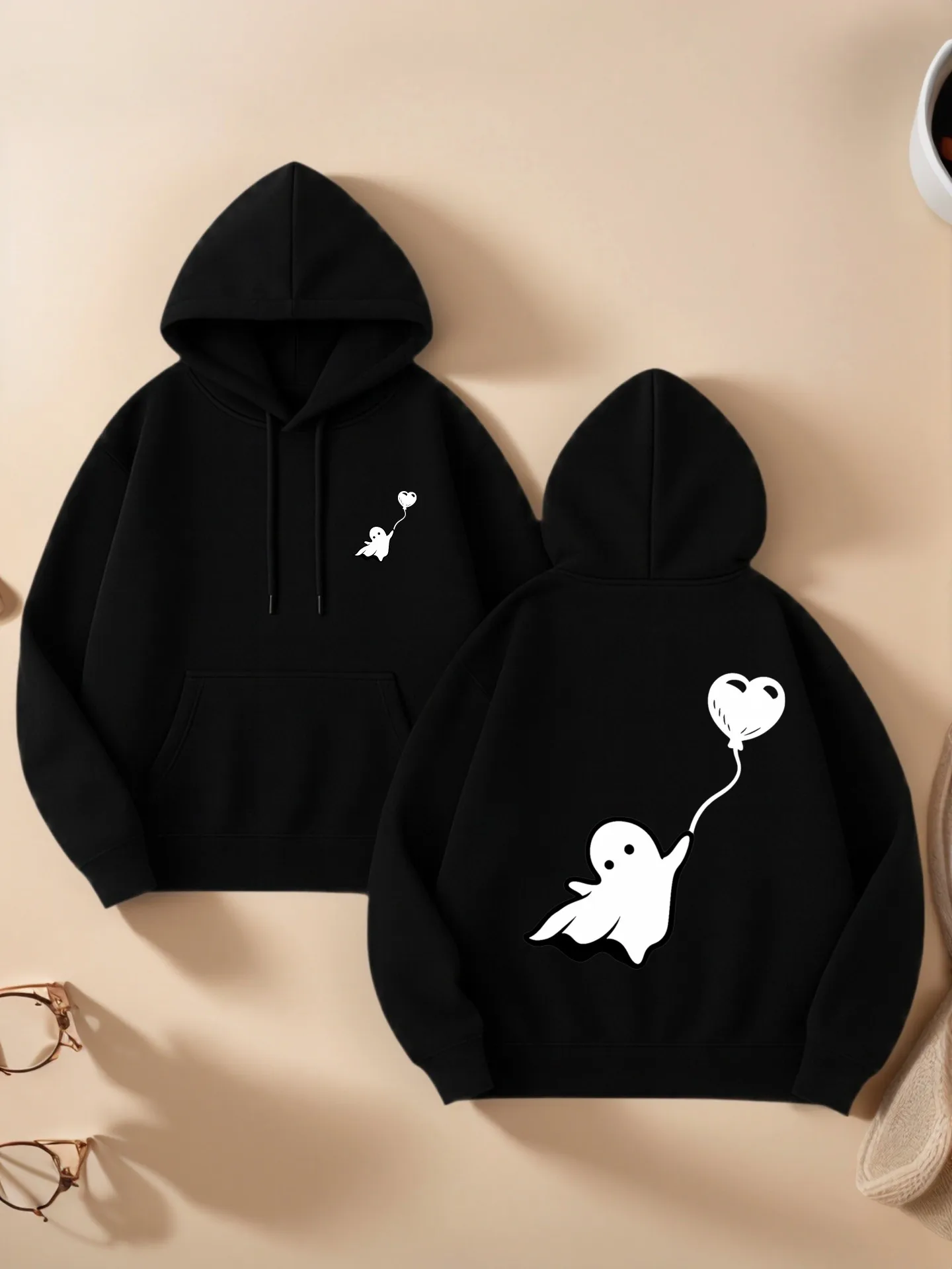 Graphic Hoodie Women, Cute Ghost & Heart Print, Casual Aesthetic, Soft Fabric, Casual Everyday Wear, For Teens