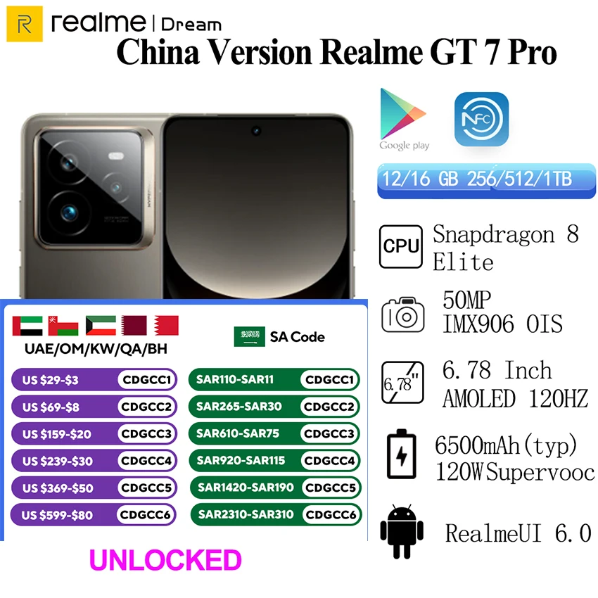 New Original Realme GT 7 Pro 6500mAh 120W Supervooc Snapdragon 8 Elite 6.78 Inch AMOLED 120Hz 50MP Sony IMX906  OIS IP68 69 NFC