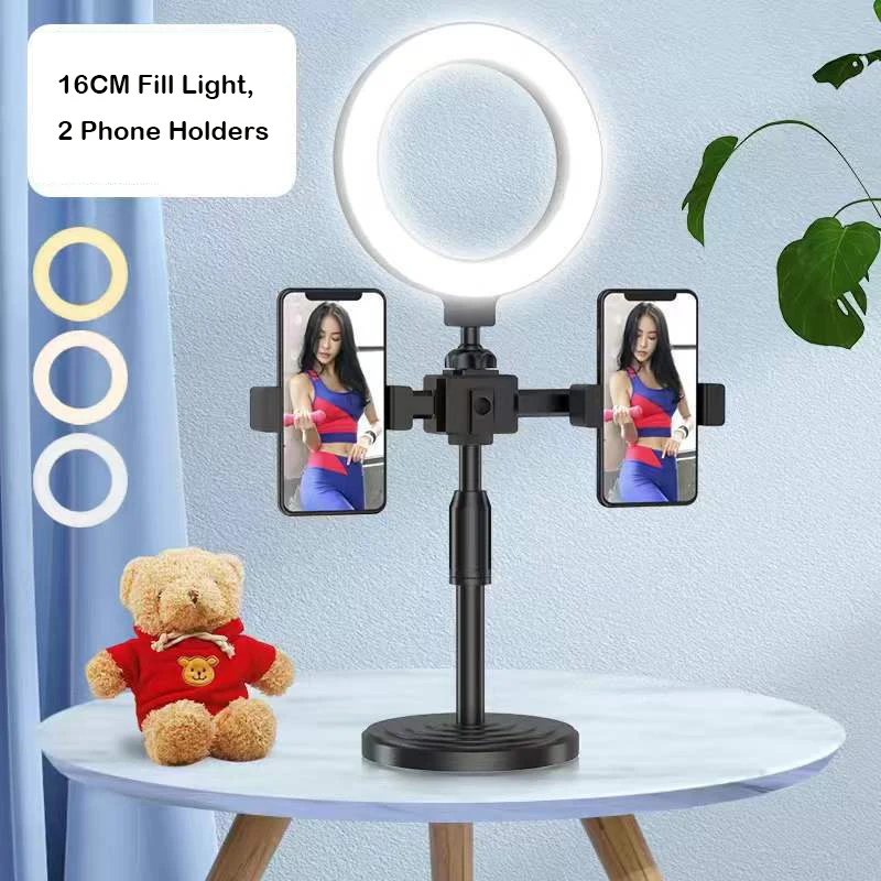 Anneau lumineux LED à intensité variable pour selfie, lampes rondes, USB avec 2 supports de téléphone, trépied, lumière vidéo Tiktok, ensemble de