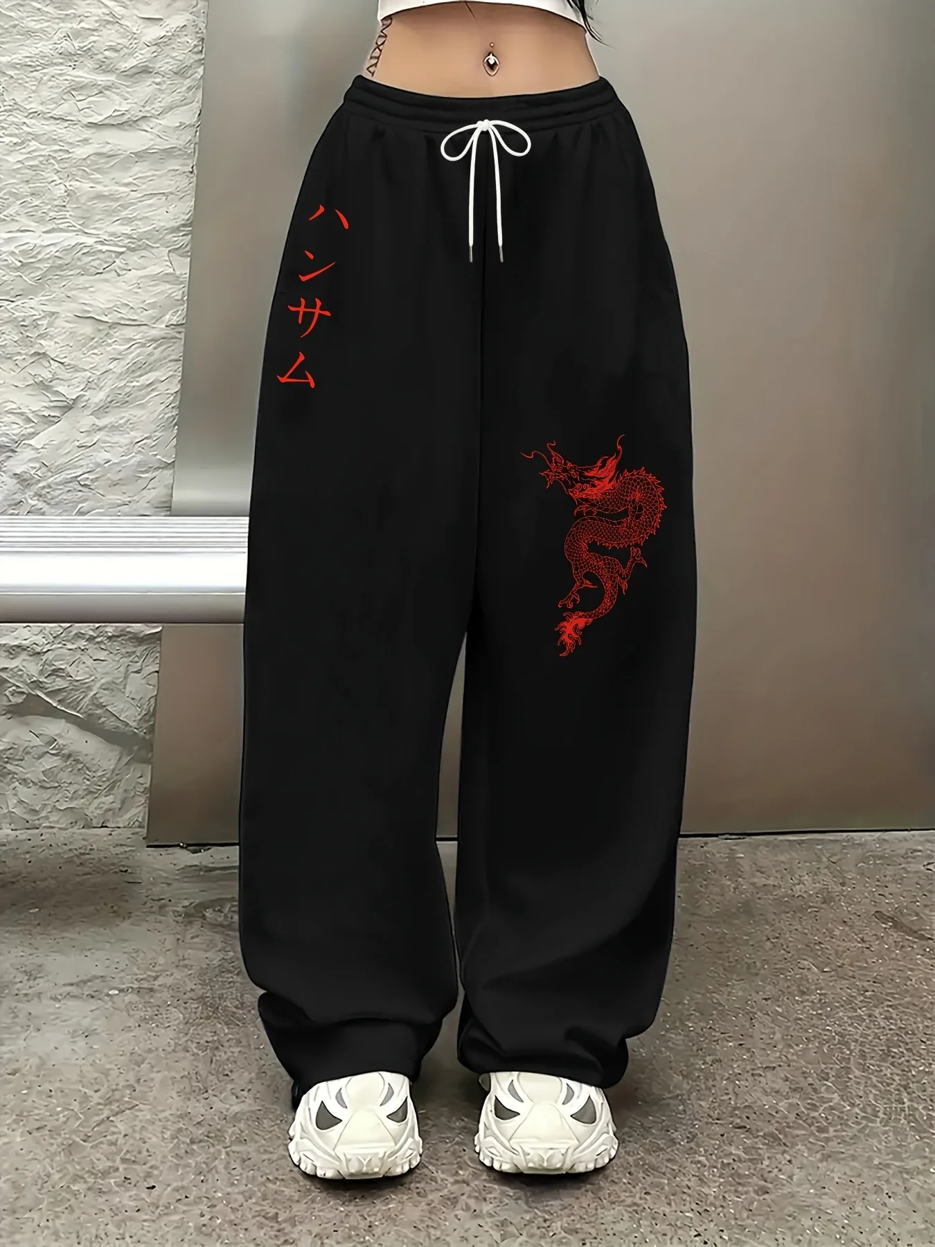 Ladies Oversized Casual Trousers Light Grey Oriental Dragon Graphic Elastic Waist Wide Leg Hip Hop Style Sweatpants Kids