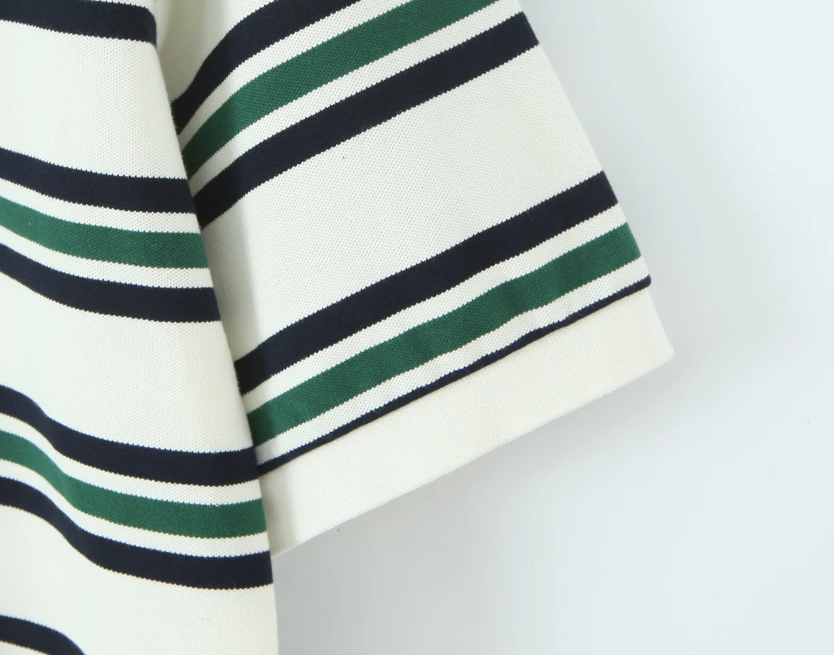 T-shirt corta allentate da donna vintage a vita alta con colletto polo a righe orizzontali retrò americane in 2 colori