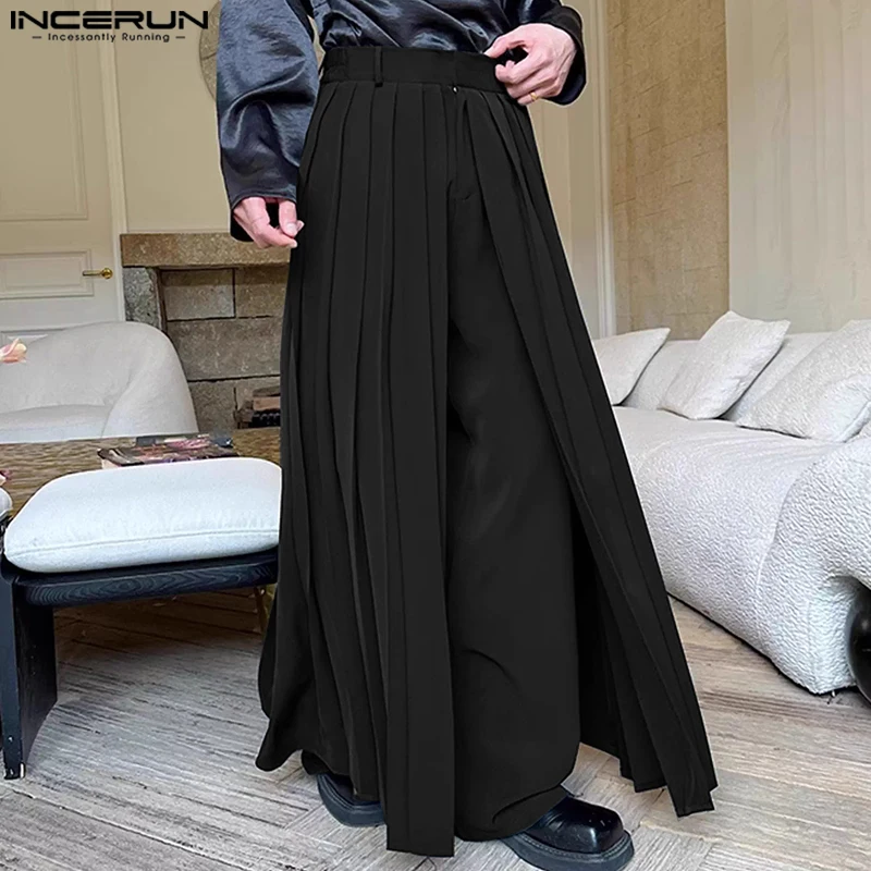 

INCERUN Men Pants Solid Color Pleated Joggers Fashion Casual Wide Leg Trousers Men Streetwear Joggers Fashion Male Long Pants