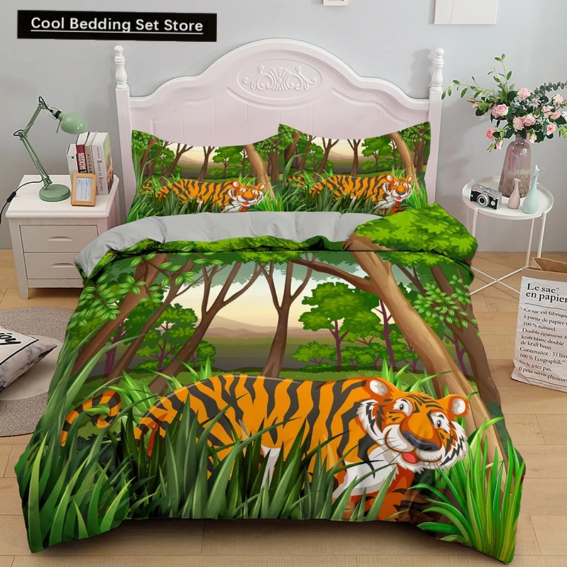 

Cartoon Tiger Duvet Cover King Queen Animal Forest Theme Bedding Set for Kids Boys Girls Jungle Wildlife Polyester Quilt Cover