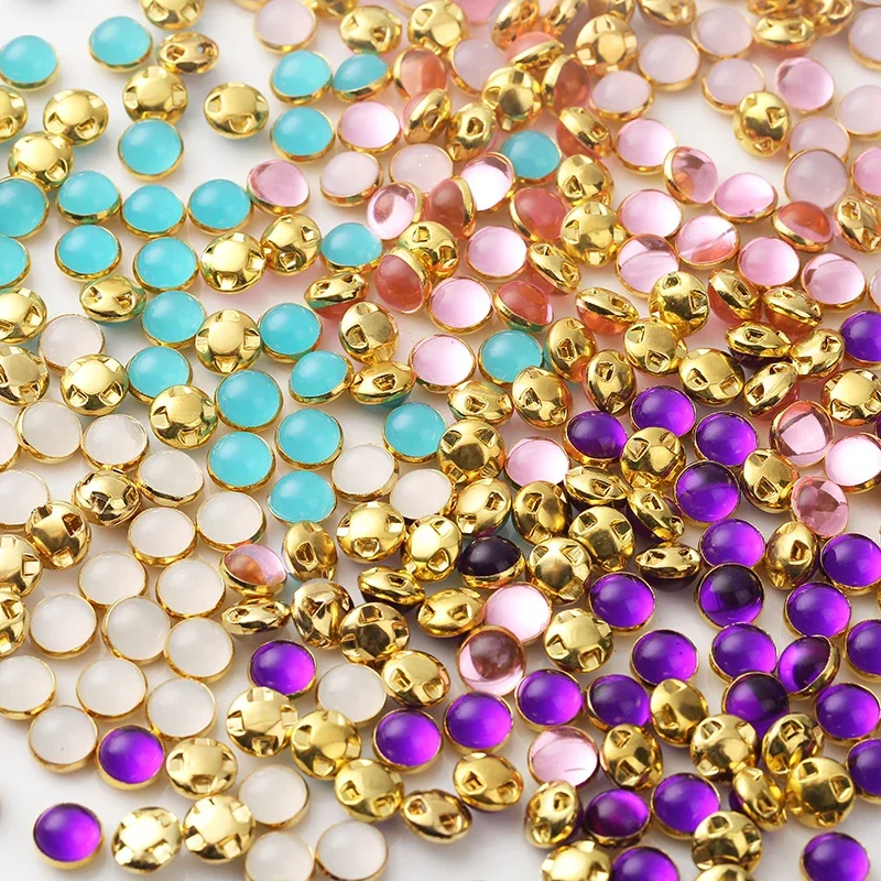 RESEN 8mm 100pcs Sew On Pearls Jelly Color With Gold/Sliver Claw Acrylic Round Pearl Button Sew On Stones For Garments