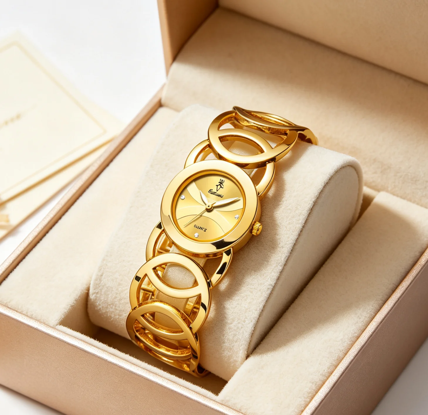 YaLaLuSi Luxury Gold Ladies Quartz Watch Hollow Geometric Link Bracelet Tiny Rhinestone Round Dial Waterproof Fashion Female Dress Watch Birthday Gift
