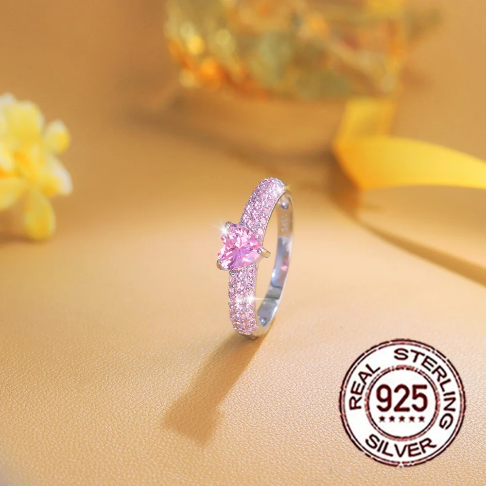 S925 Silberner Herzförmiger Rosa CZ Damen-Versprechensring mit Mikro-Pavé Eternity-Band für Verliebte, Romantischer Schmuck als Geschenk SR109 – Detail 5