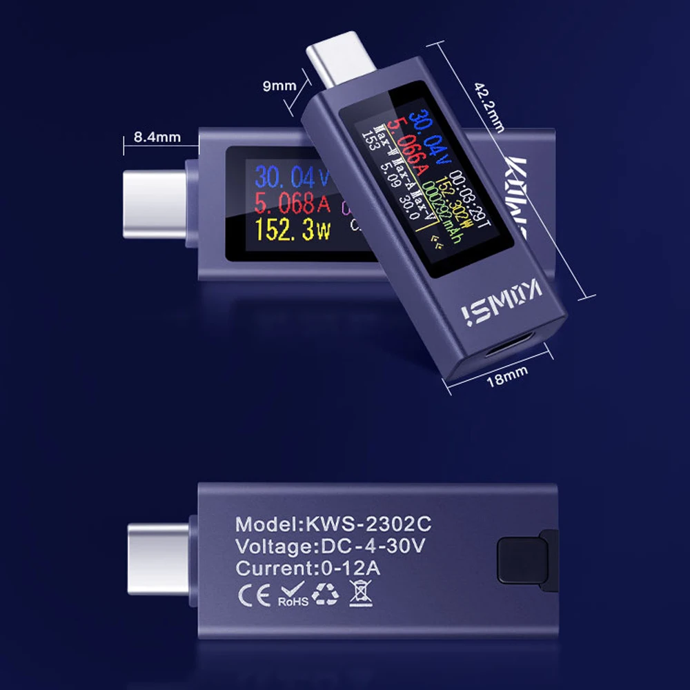 KWS-2301C Type-C Current and Voltage Monitor DC 4-30V 0-12A Power Meter Tester PD Battery Capacity Digital LCD Display Meter