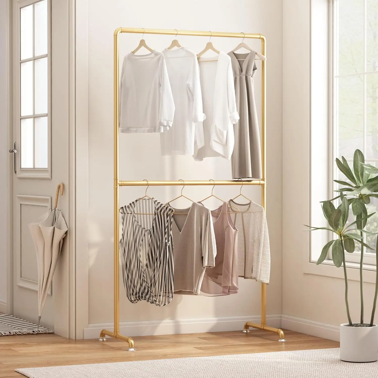 

Industrial Pipe Clothing Rack, Heavy Duty Metal Garment Rack with Double Rods for Bedroom Boutique Retail Use