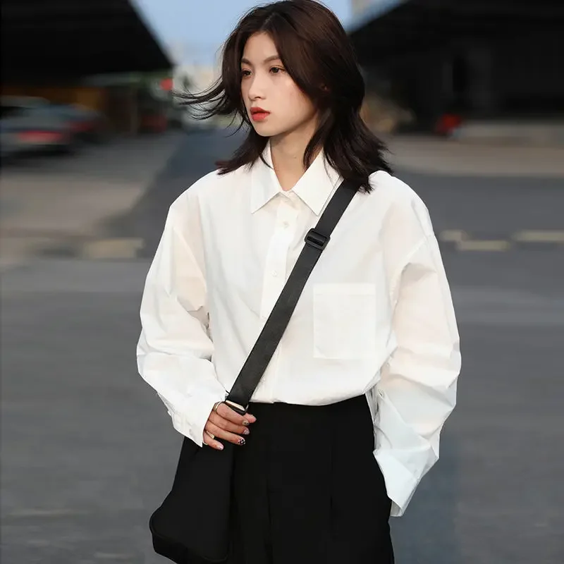 

Hong Kong Style Student Long Sleeve White Blouse Women's Collared Elegant Commuting Retro Casual Loose Solid Color Shirt