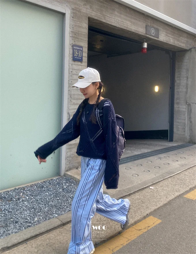 Pantaloni a gamba larga a righe verticali blu Casual a vita alta Coreano Sle Pendolarismo Vento Estate Effetto sottile Ba Elastici Simple De...