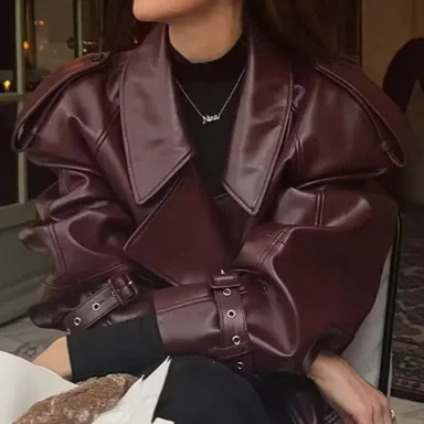 Autumn Winter Women's Leather Jacket Personalized Street PU Lapel Adjustable Cuffs Retro Locomotive Jacket Europe America