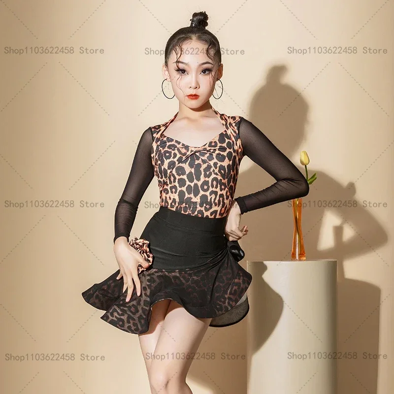 Leopard Rumba Cha Cha Samba Salsa Latin Dance Dress Girls Ballroom Dancing Dresses Kids Latin Practice Clothes Performance Dress