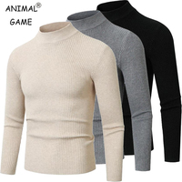 New Men's Fashion Mock Turtleneck Sweaters Long Sleeve Waem Pullover Sweater Winter Slim Fit Stripes Basic Knitted Outdoor wear
