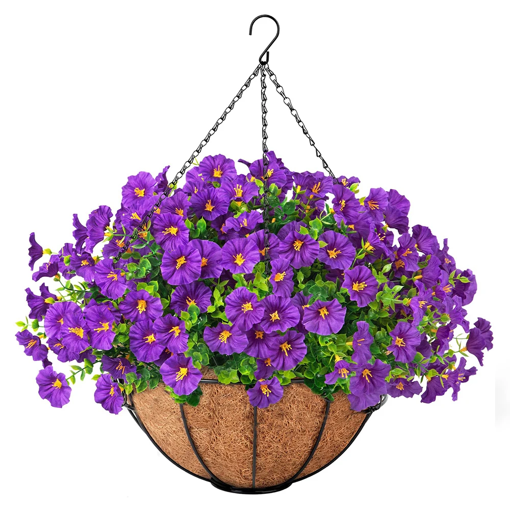Kunstmatige hangende Morning Glory-bloemen met mandset buitenshuis UV-bestendige nepplanten voor muur huis tuin veranda tuin decor