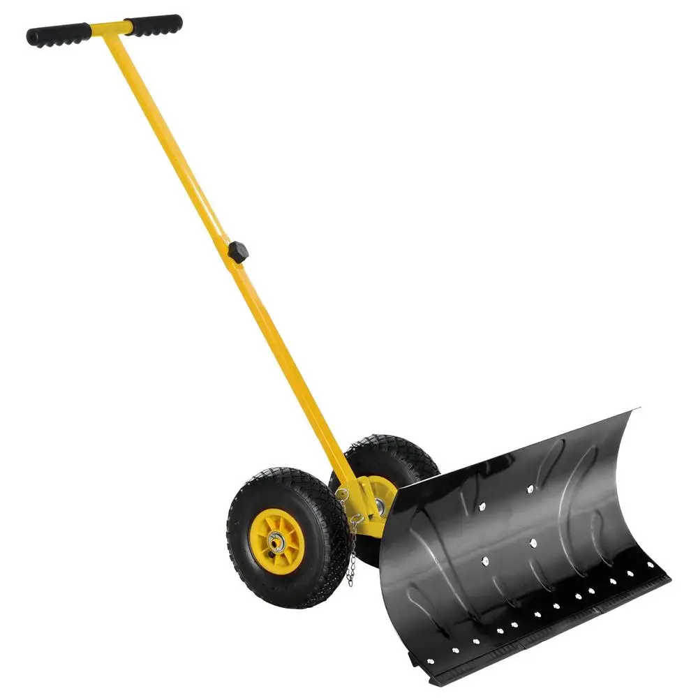 Adjustable Handle Snow Shovel with Reinforced Blade and Anti-Skid Wheels Yellow