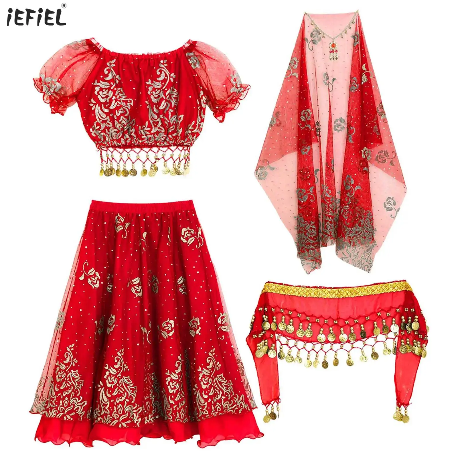 

Kids Girls Belly Dance Costume Indian Dance Outfit Short Puff Sleeve Floral Prints Crop Top+Skirt+Waist Chain+Headscarf+Headwear