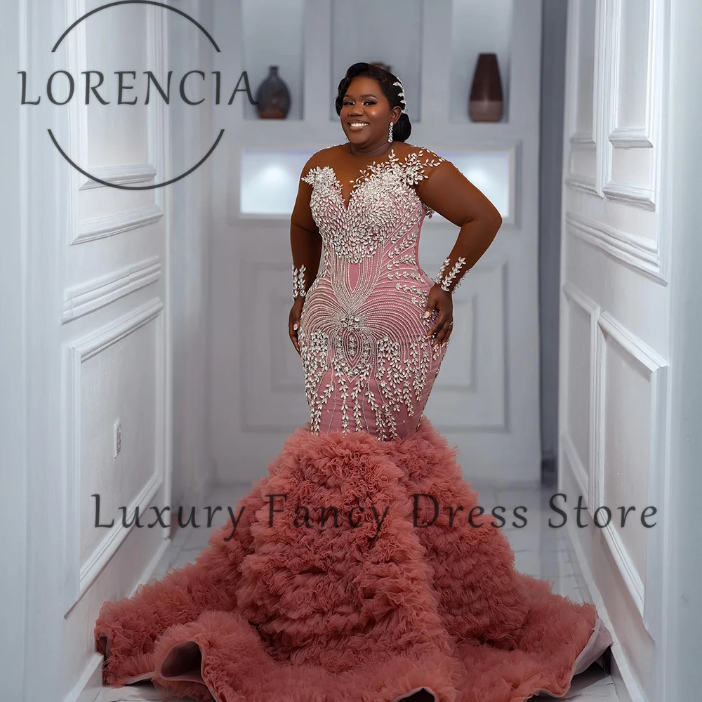 فساتين لحضور الحفلات الموسيقية الفاخرة الماسية تول الطيات Bodycon حورية البحر فستان الحفلات المسائية للمرأة مخصصة بأكمام طويلة vestidos de festa