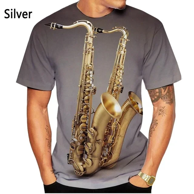 Summer 2024 New 3D Printed Saxophone Music Pattern Men\'s T-Shirt Streetwear Athleisure Breathable Crewneck Oversized Top