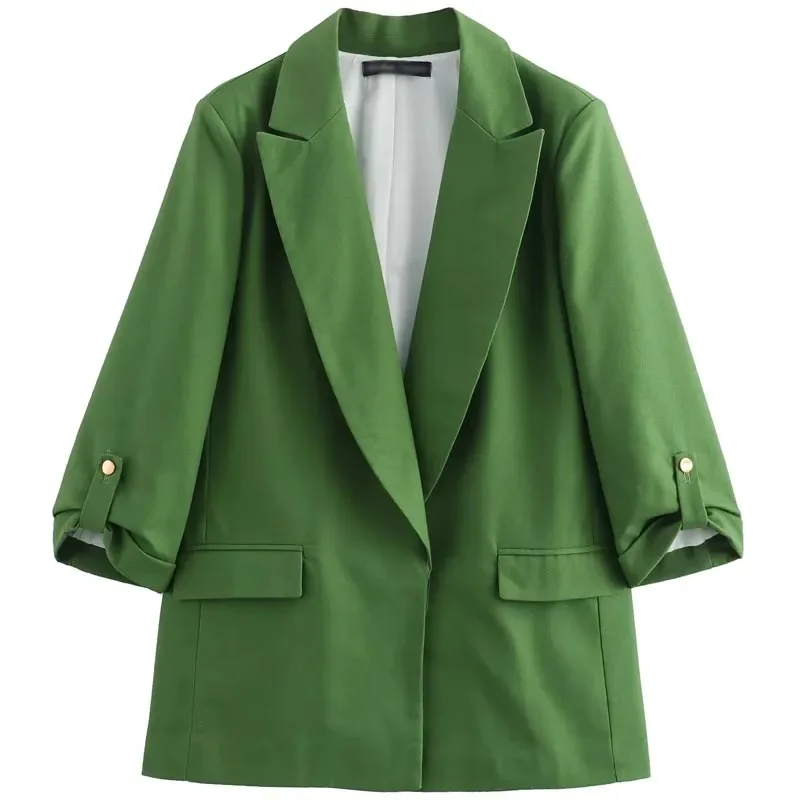 TRAF Women\'s Blazers Jacket White Pink Blazer Woman Turn Up Sleeve Office Jackets Woman Summer 2024 Green Elegant Woman Coat