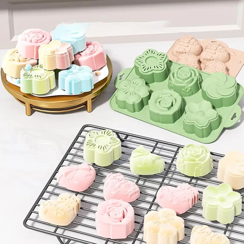 [MOA]Different Flower Shapes Baking Molds 6 Cavities Flower Silicone Mold For Make Chocolate Cake Jelly Homemade Soap Bath Bombs