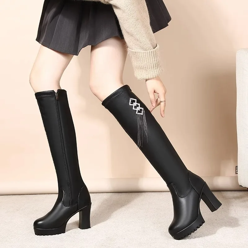 Black High Heel Long Boots Women 2023 New Chunky Heel Platform Women\'s Over The Knee Boots Winter Warm Female Shoes Botas Mujer