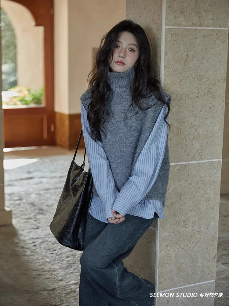 Korean Style Minimalist Two-Piece Women\'s Autumn And Winter Design With Striped Shirt Paired With Gray Knitted High Neck Vest