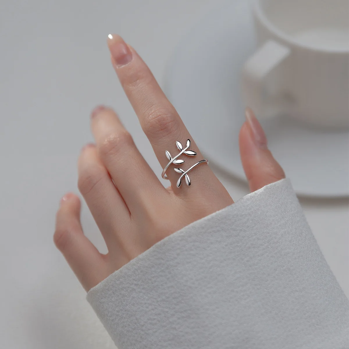 

925 Sterling Silver Leaf-Shape Open Rings Adjustable Simple Fashion Jewelry For Women