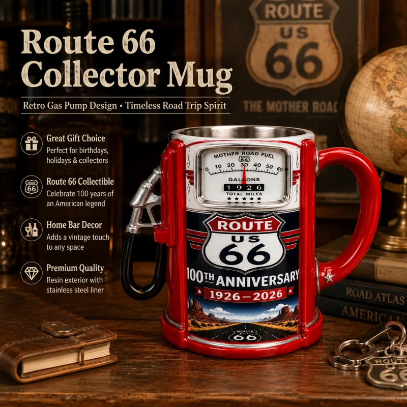 Route 66 100th Anniversary Gas Pump Mug Retro Resin Coffee Cup Stainless Steel Liner Car Lover Gift
