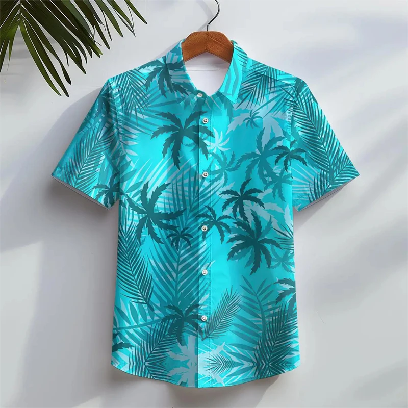 Camisa havaiana masculina com coqueiro, tops de manga curta, blusa casual masculina, roupas de grandes dimensões, praia e férias, verão