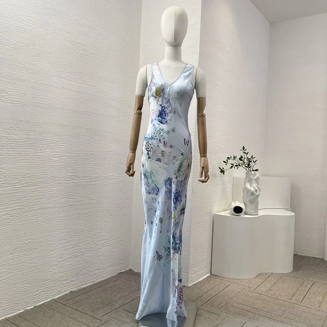 

Chic and Elegant Woman Summer Maxi Dress 2024 Light Blue Diamonds Bufferfly Flowers Print Sleeveless for Lady Party Birthday